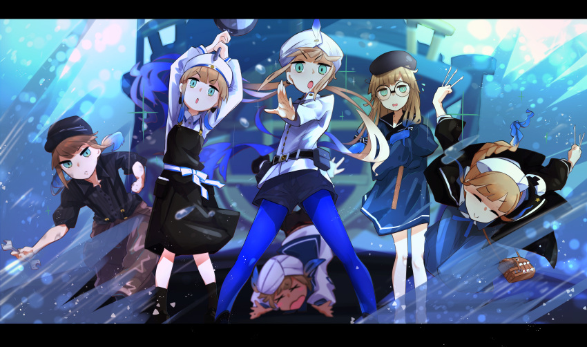 1boy 5others absurdres apron aqua_eyes baker_nemo_(fate) belt beret blonde_hair blue_hair blue_legwear braid captain_nemo_(fate) closed_eyes dress engineer_nemo_(fate) fate/grand_order fate_(series) frying_pan glasses hat highres holding holding_frying_pan letterboxed long_hair looking_at_viewer male_focus marine_nemo_(fate) multicolored_hair multiple_others nemo_(fate) nurse_cap nurse_nemo_(fate) open_mouth pegina professor_nemo_(fate) sailor_collar sailor_dress scalpel shorts smile submarine turban twintails two-tone_hair water watercraft wrench x_x