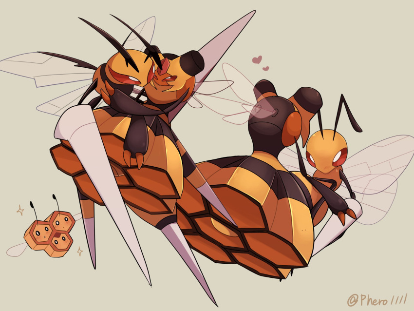 0_0 a-nya affectionate bee beedrill blush bug combee commentary_request eye_contact heart highres hug looking_at_another mega_beedrill mega_pokemon no_humans pokemon pokemon_(creature) red_eyes sparkle sweatdrop vespiquen watermark