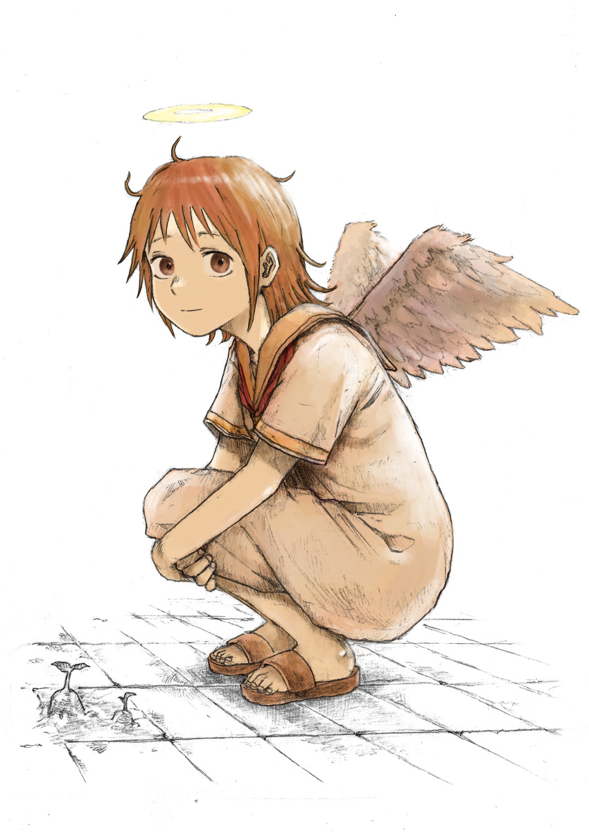 absurdres angel_wings brown_eyes brown_footwear brown_hair commentary feathered_wings female grey_wings haibane_renmei halo hatching_(texture) highres looking_at_viewer orange_sailor_collar rakka_(haibane) sailor_collar sandals short_hair smile solo squatting static_cling wings yasu_(shijimi_8)