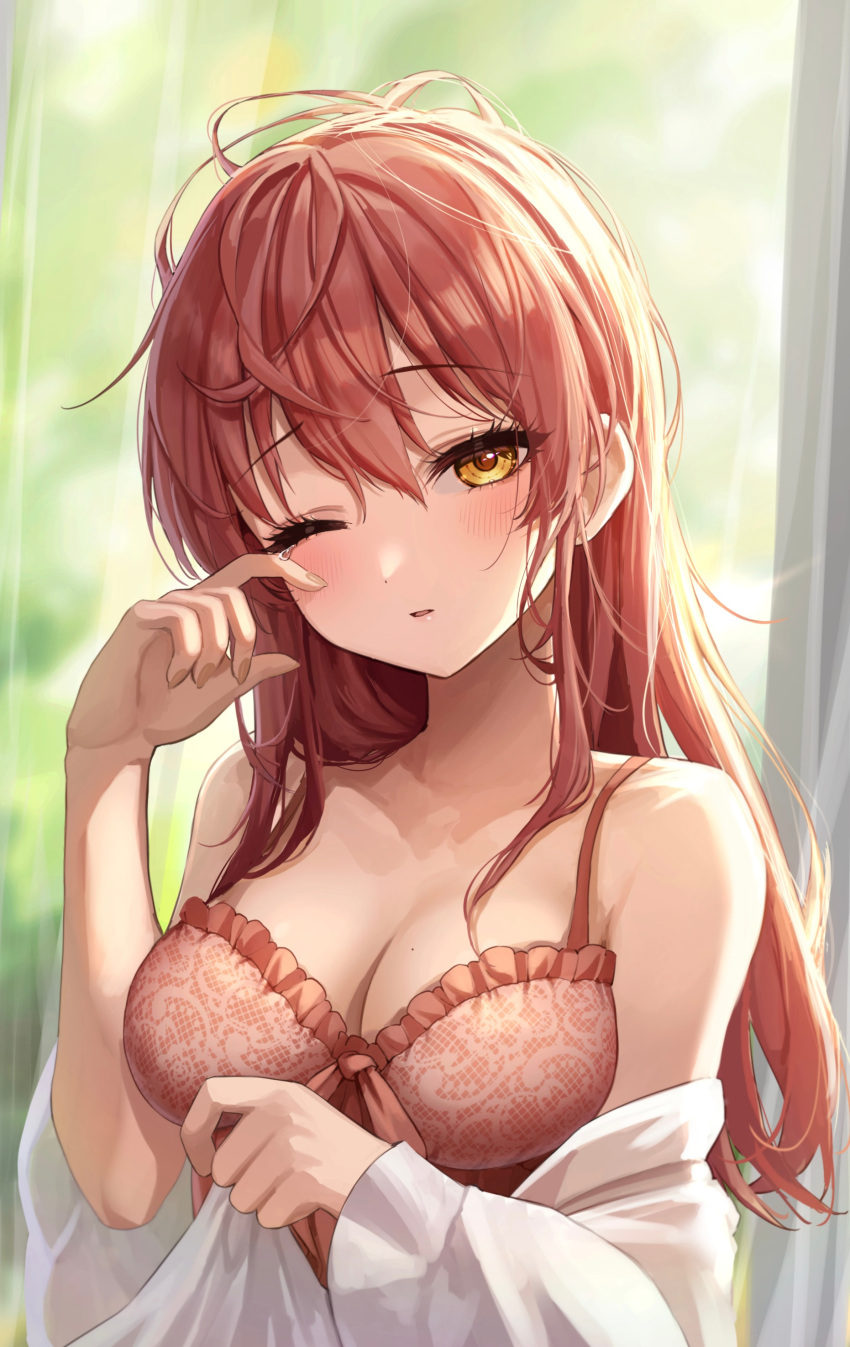 absurdres bare_shoulders bed_sheet blurry blurry_background blush breasts camisole cleavage collarbone commentary_request dot_nose female hair_between_eyes highres holding holding_sheet idolmaster idolmaster_cinderella_girls jougasaki_mika kudou_(sikisiki0000) long_hair looking_at_viewer medium_breasts messy_hair mole mole_on_breast one_eye_closed parted_lips red_camisole red_hair rubbing_eyes sidelocks solo spaghetti_strap tearing_up upper_body waking_up yellow_eyes