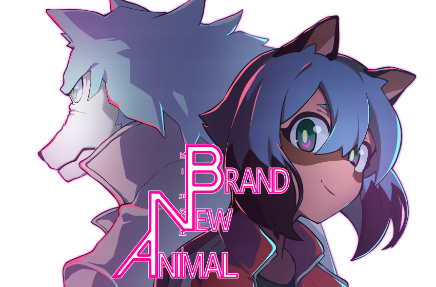 absurd_res anthro blue_body blue_eyes blue_fur blue_hair brand_new_animal brown_body brown_fur canid canine canis clothed clothing coat duo english_text female fur hair hi_res jacket jipponwazaari looking_at_viewer male mammal michiru_kagemori raccoon_dog shirou_ogami smile studio_trigger tanuki text topwear white_body white_fur wolf