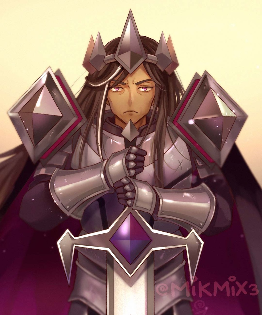 1boy black_hair closed_mouth collarbone colored_eyelashes cookie_run crown dark-skinned_male dark_cacao_cookie dark_skin hair_between_eyes highres humanization letterboxed long_hair male_focus mature_male mikmix multicolored_hair purple_eyes serious solo sword turtleneck weapon white_hair