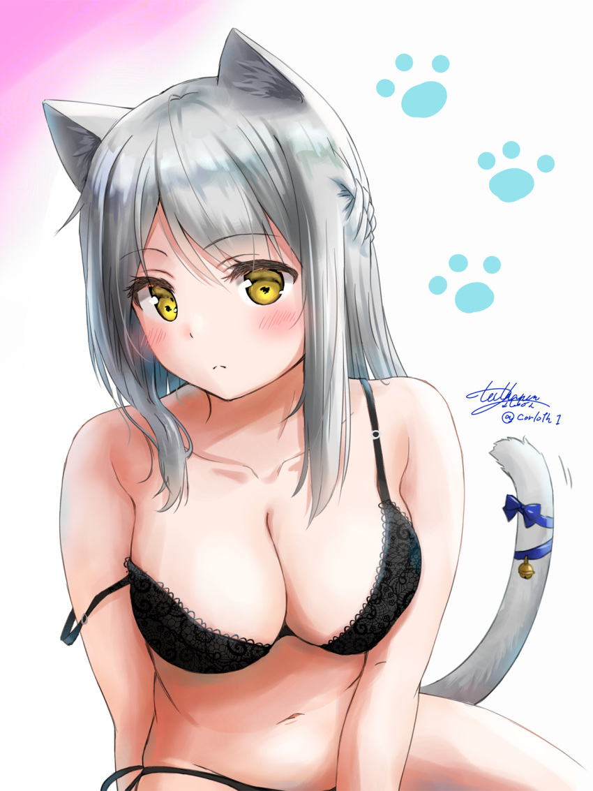 animal_ear_fluff animal_ears bell black_bra black_panties blush bra braid breasts cat_day cat_ears cat_tail cleavage closed_mouth collarbone commentary_request eyelashes female flower_knight_girl french_braid ginryousou_(flower_knight_girl) grey_hair highres kemonomimi_mode lace lace-trimmed_bra lace_trim long_hair looking_at_viewer medium_breasts navel panties paw_print ribbon side-tie_panties signature simple_background solo strap_slip tail tail_bell tail_ornament tail_ribbon twitter_username underwear underwear_only white_background yellow_eyes yukinoshiro