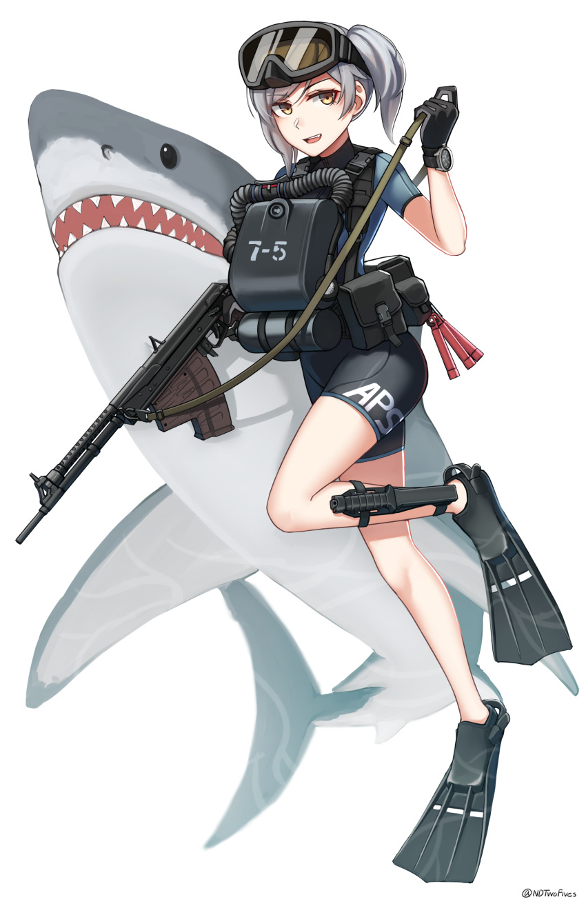 :d absurdres animal aps_rifle aps_rifle_(girls'_frontline)_(ndtwofives) black_gloves bodysuit brown_eyes chinese_commentary commentary_request diving_suit female flippers frogman full_body girls'_frontline gloves goggles goggles_on_head grey_hair gun hand_up highres holding holding_gun holding_strap holding_weapon looking_at_viewer ndtwofives original rebreather scuba scuba_gear shark short_sleeves side_ponytail simple_background smile solo springsuit twitter_username watch weapon wetsuit white_background wristwatch