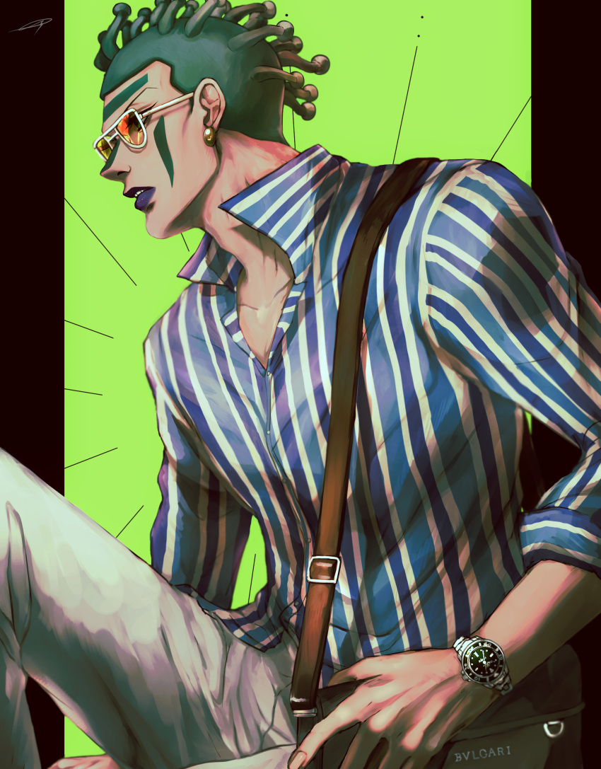 1boy absurdres alternate_costume casual cioccolata earrings facepaint facial_mark green_hair highres jewelry jojo_no_kimyou_na_bouken lipstick makeup male_focus pocketbook purple_lips sano_(hospital_0434) shirt solo striped_clothes striped_shirt sunglasses vertical-striped_clothes vertical-striped_shirt watch wristwatch