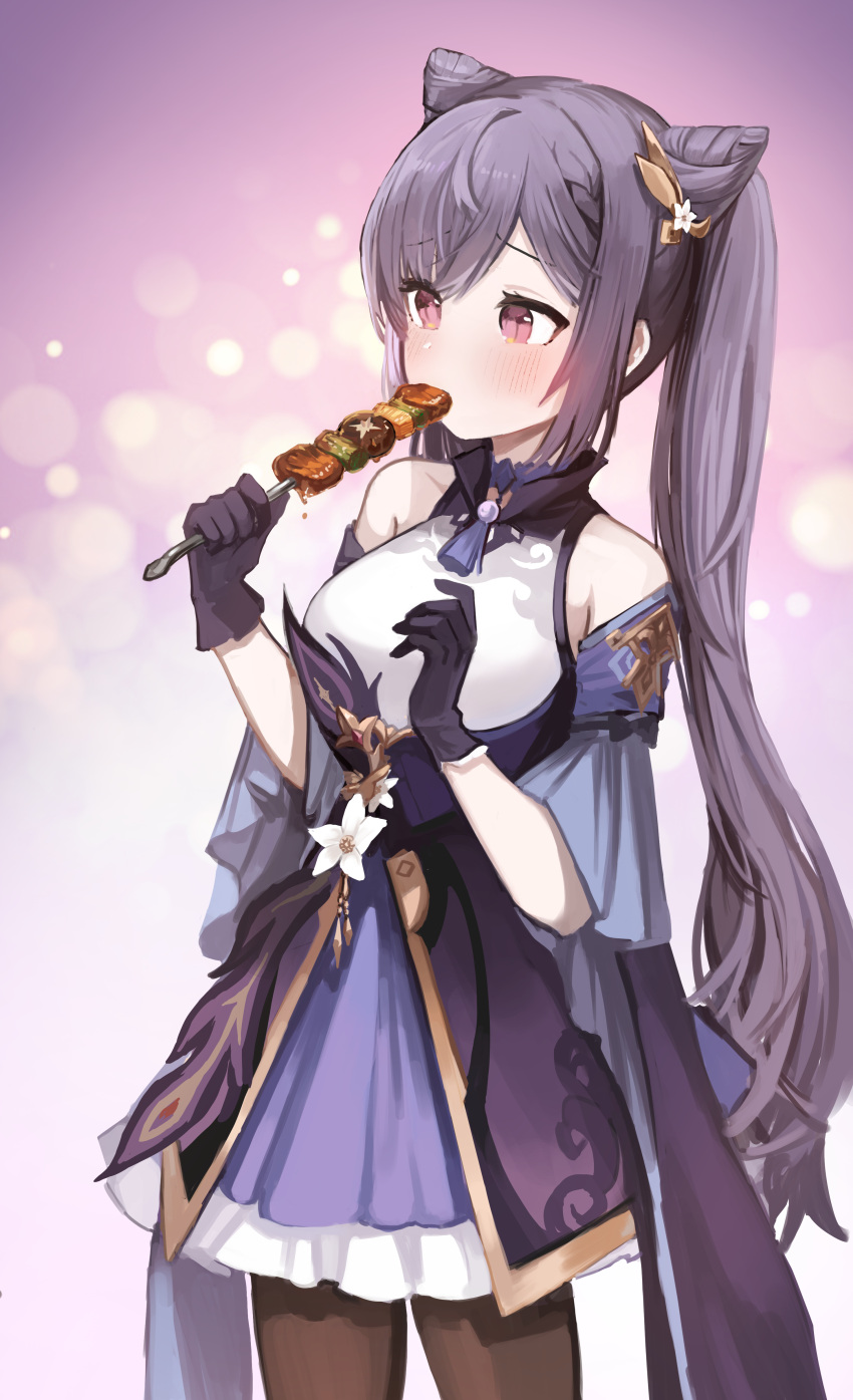 absurdres bare_shoulders black_pantyhose blush cone_hair_bun dress eating female food food_in_mouth frilled_dress frilled_skirt frilled_sleeves frills fruity_skewers_(genshin_impact) genshin_impact gloves hair_bun hair_ornament highres keqing_(genshin_impact) pantyhose purple_eyes purple_hair seorang skirt solo