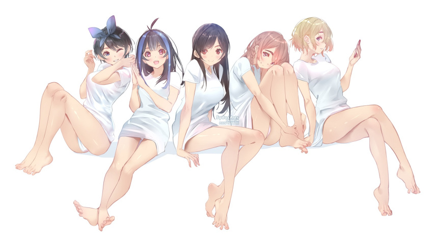 5girls barefoot black_hair blonde_hair blue_eyes blue_hair blue_hairband braid breasts cellphone closed_mouth commentary crossed_legs feet foot_focus hairband hands_on_feet highres holding holding_phone kanojo_okarishimasu legs long_hair looking_at_viewer medium_breasts mizuhara_chizuru multicolored_hair multiple_girls nanami_mami one_eye_closed open_mouth patreon_username phone red_eyes red_hair sakurasawa_sumi sarashina_ruka shirt short_hair simple_background single_braid sitting smile sydus t-shirt toes two-tone_hair white_background white_shirt yaemori_mini