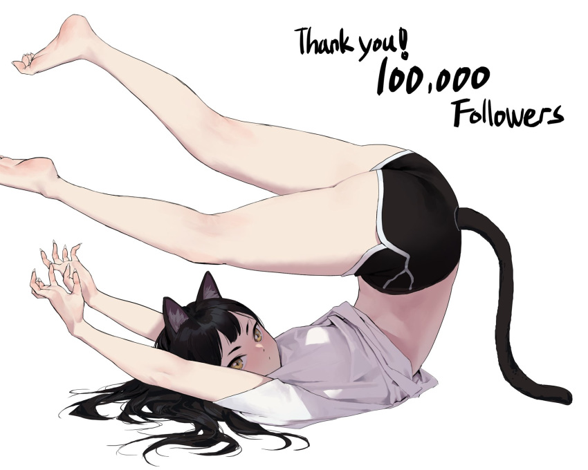 animal_ears ass bad_id bad_twitter_id bare_legs barefoot black_hair black_shorts breasts cat_ears cat_girl cat_tail commentary dongho_kang english_commentary feet_up female fingernails from_side full_body hands_up highres legs_up long_hair looking_at_viewer milestone_celebration original sharp_fingernails shirt short_shorts shorts simple_background solo tail thank_you top-down_bottom-up v-shaped_eyebrows white_nails white_shirt yellow_eyes