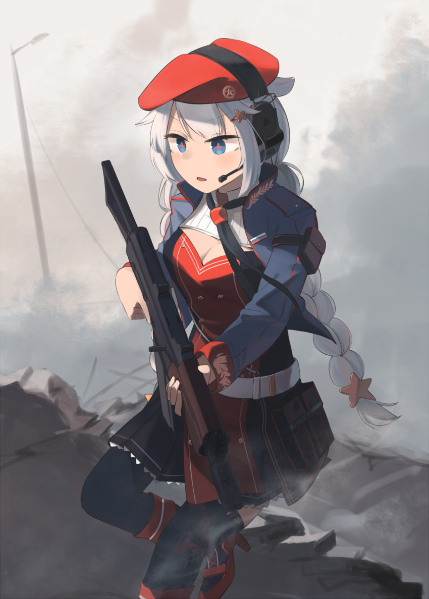 +_+ absurdres assault_rifle belt beret black_necktie black_thighhighs blue_eyes braid breasts cleavage dress female flower-shaped_pupils girls'_frontline gun hair_ornament hat headphones headphones_over_headwear highres hinami047 holding holding_weapon kalashnikov_rifle long_hair looking_away low_twintails medium_breasts necktie open_mouth ots-12_(girls'_frontline) ots-12_tiss red_footwear red_hat rifle running russian_flag scenery shoes solo standing star-shaped_pupils star_(symbol) star_hair_ornament symbol-shaped_pupils thighhighs twin_braids twintails uniform weapon white_belt white_hair