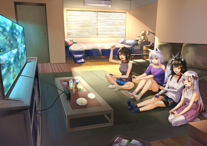 4girls absurdres alternate_costume animal_ears arm_up bad_id bad_twitter_id bare_arms bed black_hair black_shorts blue_shorts braid brown_hair casual controller couch eredhen fams_(group) fox_ears fox_girl fox_tail green_eyes hair_between_eyes hair_ornament highres holding holding_controller hololive horns indoors knees_up long_hair looking_at_viewer mario_(series) mario_kart mario_kart_8 multicolored_hair multiple_girls nakiri_ayame no_shoes ookami_mio ookami_mio_(casual) oozora_subaru pantyhose playing_games pointing purple_shirt red_eyes red_hair seiza shirakami_fubuki shirt short_hair shorts sidelocks single_braid sitting skin-covered_horns socks tail television two-tone_hair virtual_youtuber white_hair white_pantyhose white_shirt white_socks wolf_ears wolf_girl wolf_tail yellow_eyes