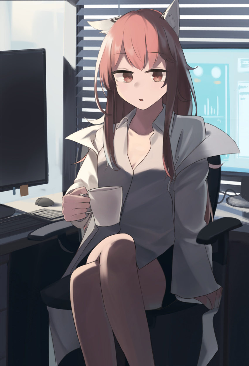 :o animal_ears black_skirt breasts brown_eyes chair computer crossed_legs cup female girls'_frontline highres hinami047 holding holding_cup light_brown_hair long_hair looking_at_viewer multicolored_hair persica_(girls'_frontline) shirt sitting skirt solo white_shirt