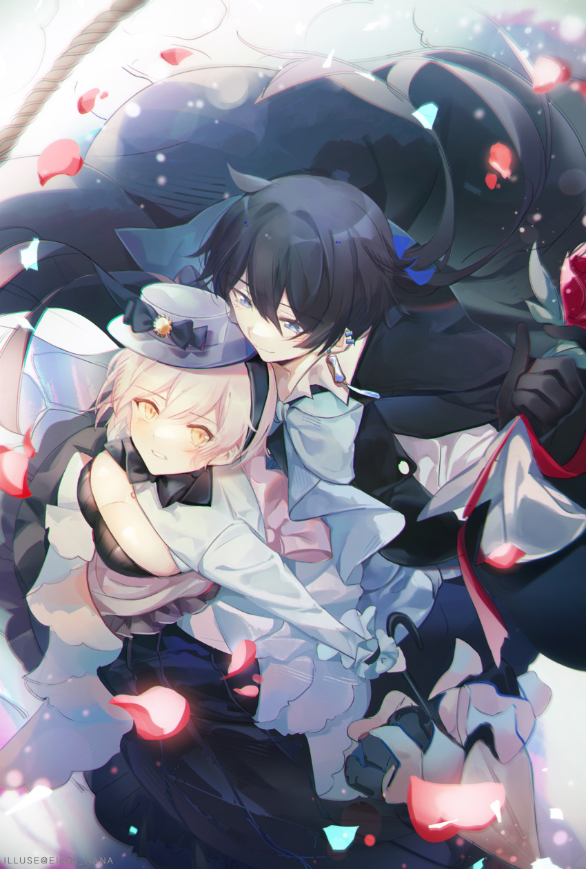 1boy black_coat black_hair blue_dress blue_eyes blue_neckwear blue_ribbon blush bow breasts cleavage coat dress ear_piercing earrings female frilled_sleeves frills gloves hair_between_eyes hair_ribbon hat highres jeanne_(vanitas_no_carte) jewelry long_hair long_sleeves multicolored_clothes multicolored_dress nana895 open_mouth parasol piercing pink_hair pink_sash ponytail ribbon sash short_hair smile straight umbrella vanitas_(vanitas_no_carte) vanitas_no_carte watermark yellow_eyes