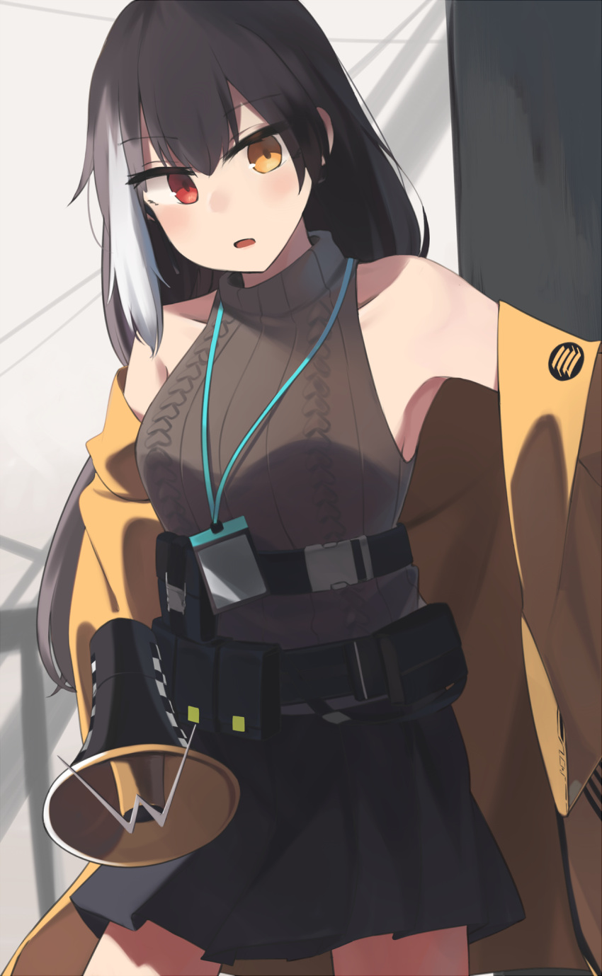 bare_shoulders black_hair black_skirt blush brown_sweater_vest clothes_pull female girls'_frontline heterochromia highres hinami047 holding holding_megaphone jacket jacket_pull long_hair looking_at_viewer megaphone multicolored_hair open_mouth red_eyes ro635_(girls'_frontline) ro635_(mod3)_(girls'_frontline) simple_background skirt solo standing sweater_vest yellow_eyes yellow_jacket