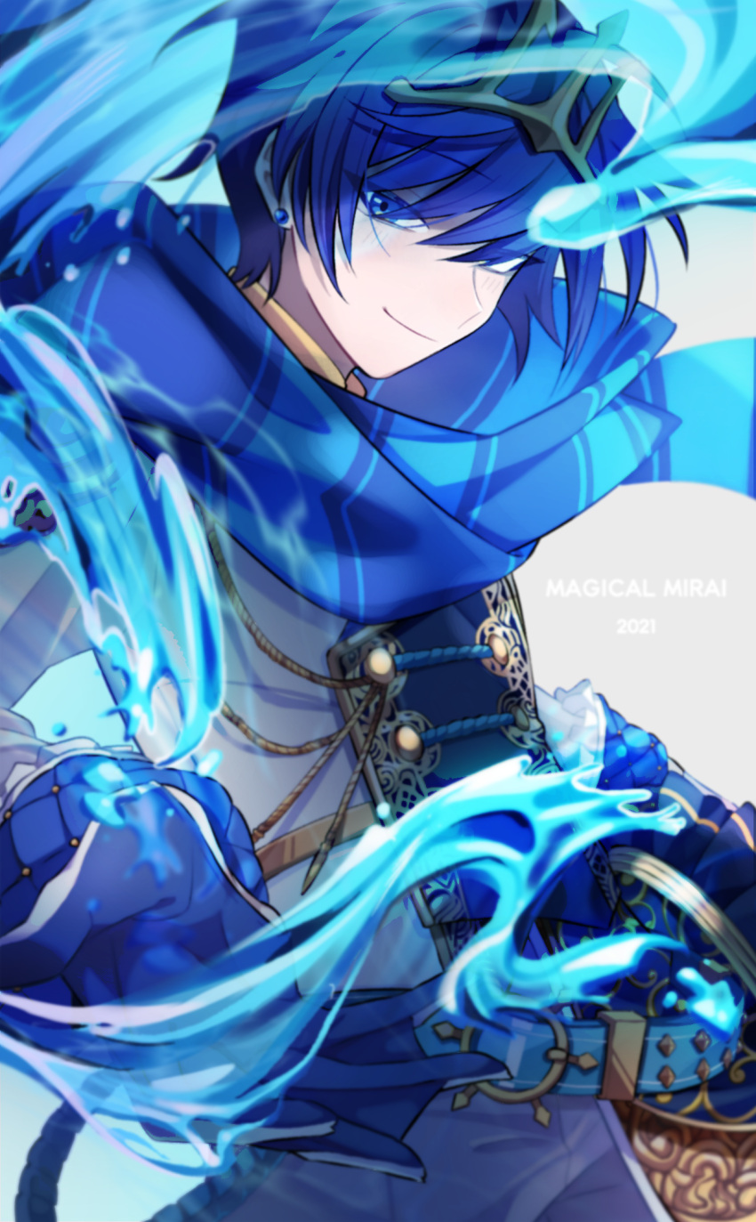 1boy aiguillette belt blue_eyes blue_gloves blue_hair blue_scarf blue_theme buttons commentary copyright_name crown double-breasted earrings gloves headpiece highres idonaka jewelry kaito_(vocaloid) looking_at_viewer magical_mirai_(vocaloid) magical_mirai_kaito magical_mirai_kaito_(2021) male_focus scarf smile solo uniform vocaloid water