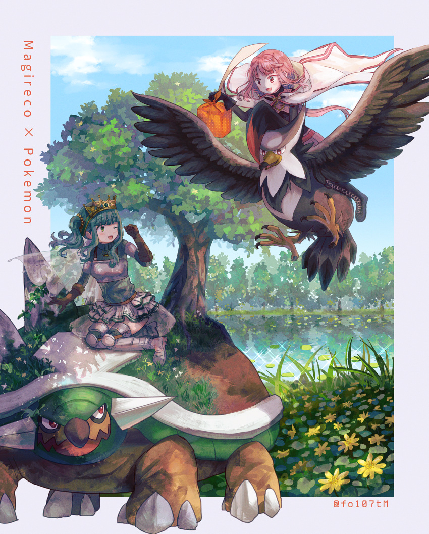 2girls :d ;d bird blue_sky blunt_bangs cloud commentary_request crossover crown day eagle futaba_sana green_hair highres magia_record:_mahou_shoujo_madoka_magica_gaiden magical_girl mahou_shoujo_madoka_magica multiple_girls nature one_eye_closed open_mouth outdoors pink_hair plant pokemon pokemon_(creature) riding riding_pokemon sky smile staraptor tamaki_iroha torterra totte tree turtle twitter_username