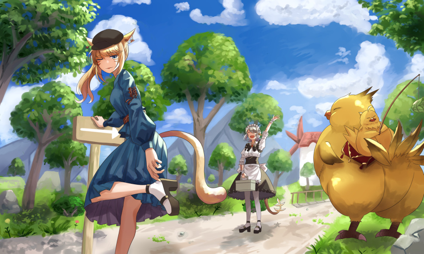 2girls animal_ears apron arm_support au_ra blonde_hair blue_eyes blurry carrot_on_stick cat_ears cat_tail chocobo cloud commentary_request day depth_of_field dragon_girl dragon_horns dragon_tail dress earrings fat_chocobo fence final_fantasy final_fantasy_xiv grey_hair happy hat high_heels horns jewelry long_hair maid maid_apron maid_headdress miqo'te mountain multiple_girls ojiki open_mouth outdoors pantyhose road rock scales sky slit_pupils smile standing standing_on_one_leg tail tree warrior_of_light_(ff14) waving white_horns white_legwear white_scales white_tail windmill wrist_cuffs