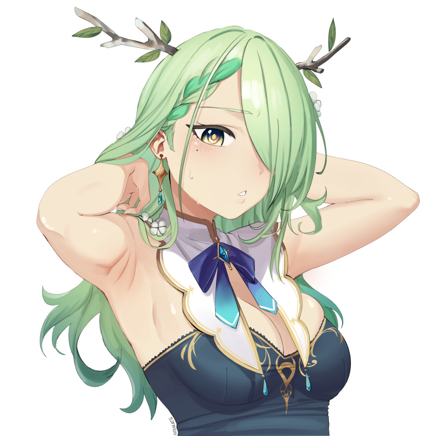 ameiarts antlers armpits blush braid breasts ceres_fauna ceres_fauna_(1st_costume) cleavage earrings female flower green_hair hair_flower hair_ornament hair_over_one_eye highres hololive hololive_english horns jewelry long_hair looking_at_viewer mole mole_under_eye multicolored_hair parted_lips simple_background sleeveless solo two-tone_hair virtual_youtuber white_background yellow_eyes