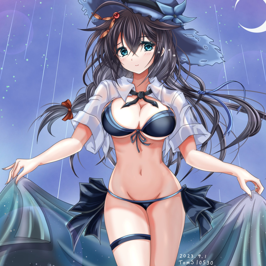 aqua_eyes artist_name black_bra black_hair bra braid breasts cleavage cowboy_shot crescent_moon dated female hair_ornament highres kantai_collection large_breasts looking_at_viewer moon navel shigure_(kancolle) shigure_kai_san_(kancolle) shigure_kai_san_(swimsuit)_(kancolle) shirt single_braid solo toms underwear white_shirt