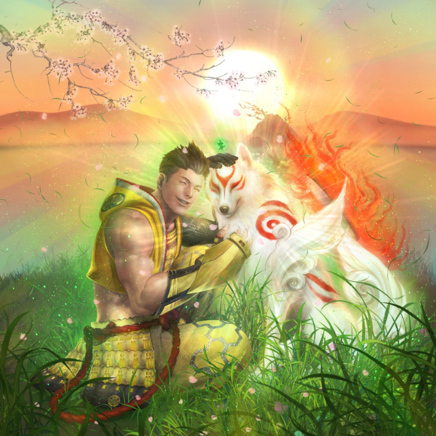 2boys amaterasu_(ookami) black_hair capcom cherry_blossoms closed_eyes crossover gauntlets glowing grass headpat highres issun mini_person miniboy mountainous_horizon multiple_boys muscular muscular_male official_art okami petals sengoku_basara smile sun teppen tokugawa_ieyasu_(sengoku_basara) wolf