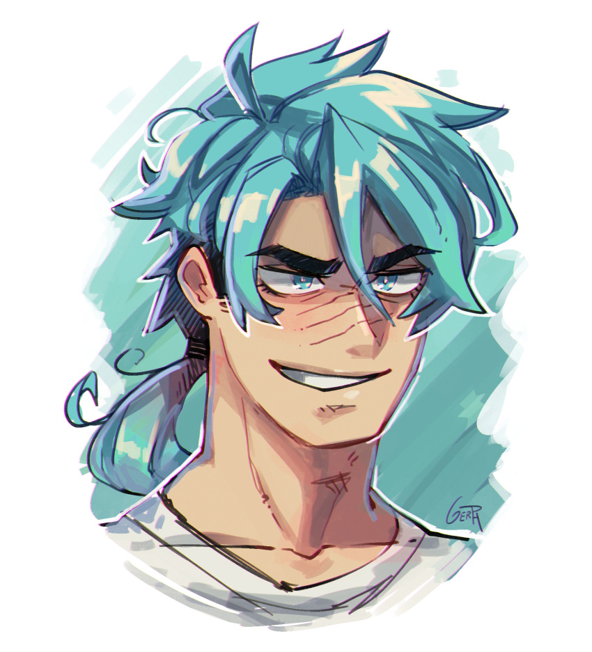 1boy aqua_eyes aqua_hair blue-haired_boy_(how_to_draw_manga) collarbone commentary_request gerph hair_between_eyes highres how_to_draw_manga how_to_draw_manga_redraw_challenge_(meme) male_focus meme ponytail portrait scar scar_on_face scar_on_nose signature smile solo