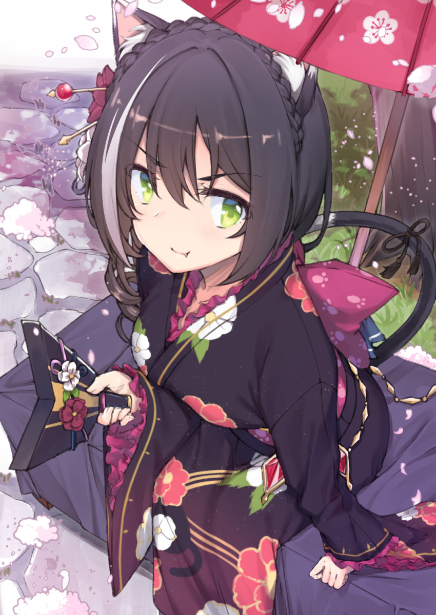 >:) alternate_costume alternate_hairstyle animal_ear_fluff animal_ears black_hair black_kimono braid cat_ears cat_girl cat_tail closed_mouth crown_braid drill_hair fang_out female floral_print flower frilled_kimono frilled_sleeves frills from_above green_eyes hair_between_eyes hair_flower hair_ornament hair_stick highres japanese_clothes kaname_(melaninusa09) karyl_(new_year)_(princess_connect!) karyl_(princess_connect!) kimono leaning_forward long_sleeves multicolored_hair new_year obi oerba_yun_fang oil-paper_umbrella outdoors paddle princess_connect! print_kimono ribbon sash side_drill sitting solo streaked_hair tail tail_ornament tail_ribbon umbrella v-shaped_eyebrows wide_sleeves yukata