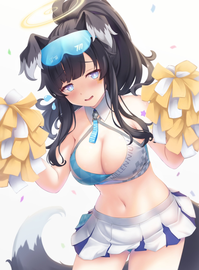 absurdres animal_ears blue_archive blush breasts cheerleader cleavage cowboy_shot dog_ears dog_tail female hibiki_(blue_archive) hibiki_(cheer_squad)_(blue_archive) highres large_breasts looking_at_viewer midriff millennium_cheerleader_outfit_(blue_archive) navel official_alternate_costume panties panty_peek pom_pom_(cheerleading) pom_pom_(clothes) skirt smile solo stomach tail tousaki_(tousakiworks) underwear