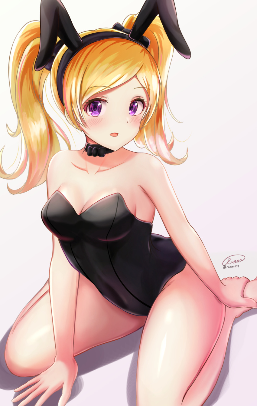 :d alternate_hair_length alternate_hairstyle animal_ears arm_support bare_legs black_bow black_bowtie black_leotard blonde_hair blush bow bowtie breasts cleavage collarbone commentary emily_stewart fake_animal_ears female hairband highres idolmaster idolmaster_million_live! idolmaster_million_live!_theater_days leotard looking_at_viewer open_mouth playboy_bunny purple_eyes rabbit_ears runmo77 seiza signature sitting sleeveless small_breasts smile solo twintails