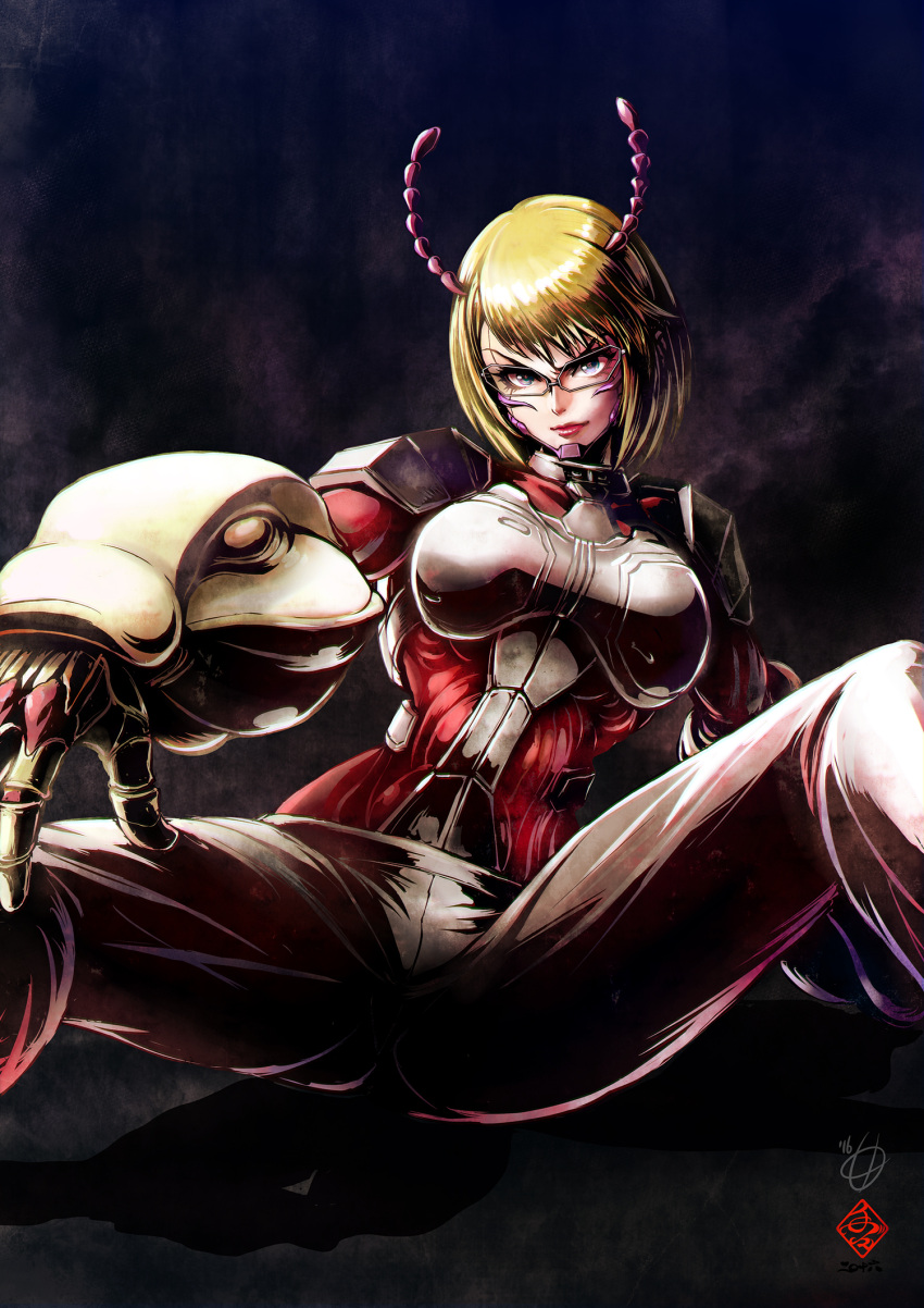 antennae armor arthropod_girl blonde_hair bodysuit breasts feet_out_of_frame female glasses gloves highres kanchiyo looking_at_viewer medium_breasts michelle_k._davis short_hair sitting solo spread_legs terra_formars