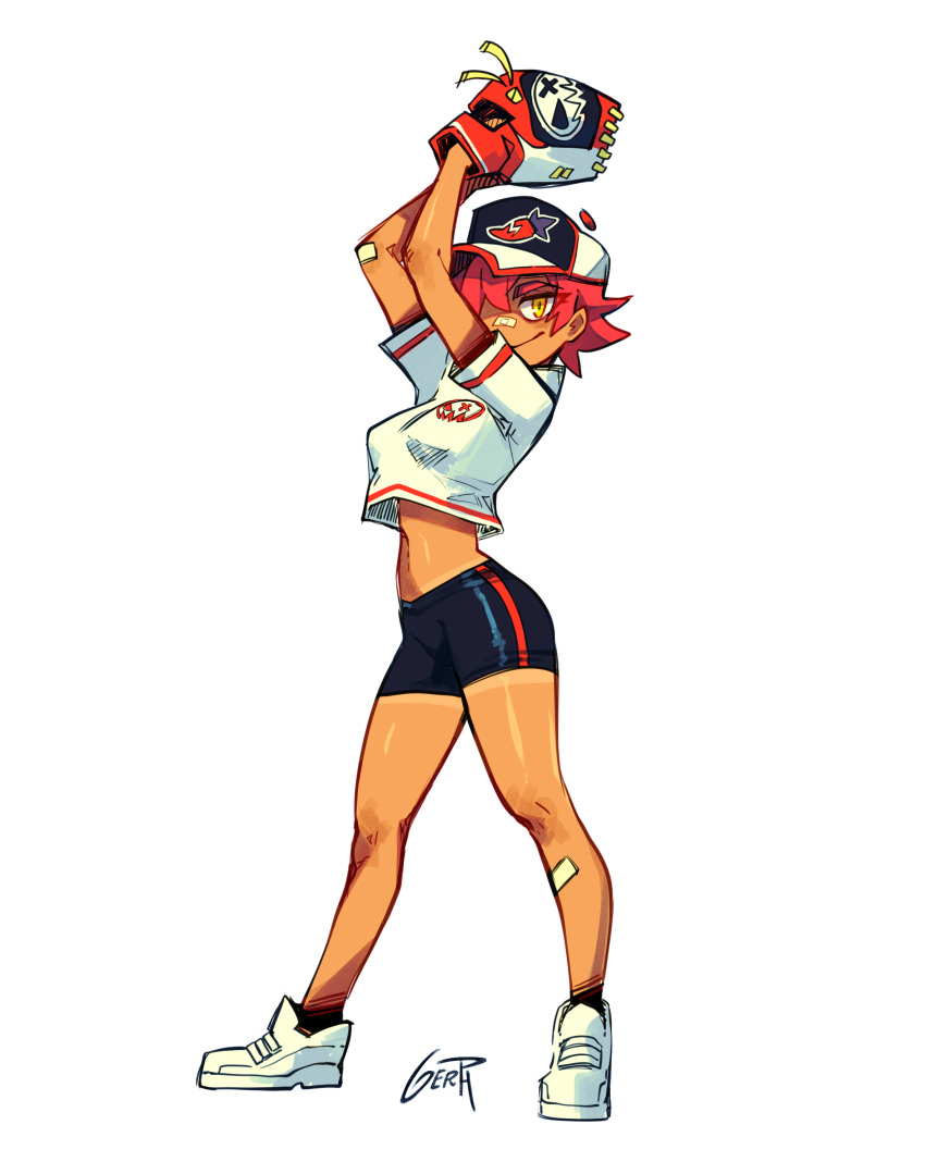 absurdres bandaid bandaid_on_arm bandaid_on_face bandaid_on_leg bandaid_on_nose baseball_cap baseball_mitt bike_shorts breasts carly_(gerph) commentary crop_top cropped_shirt female full_body gerph hair_over_one_eye hat highres medium_breasts original red_hair shoes signature skarp_world_(series) smile sneakers solo symbol-only_commentary tan tanlines yellow_eyes