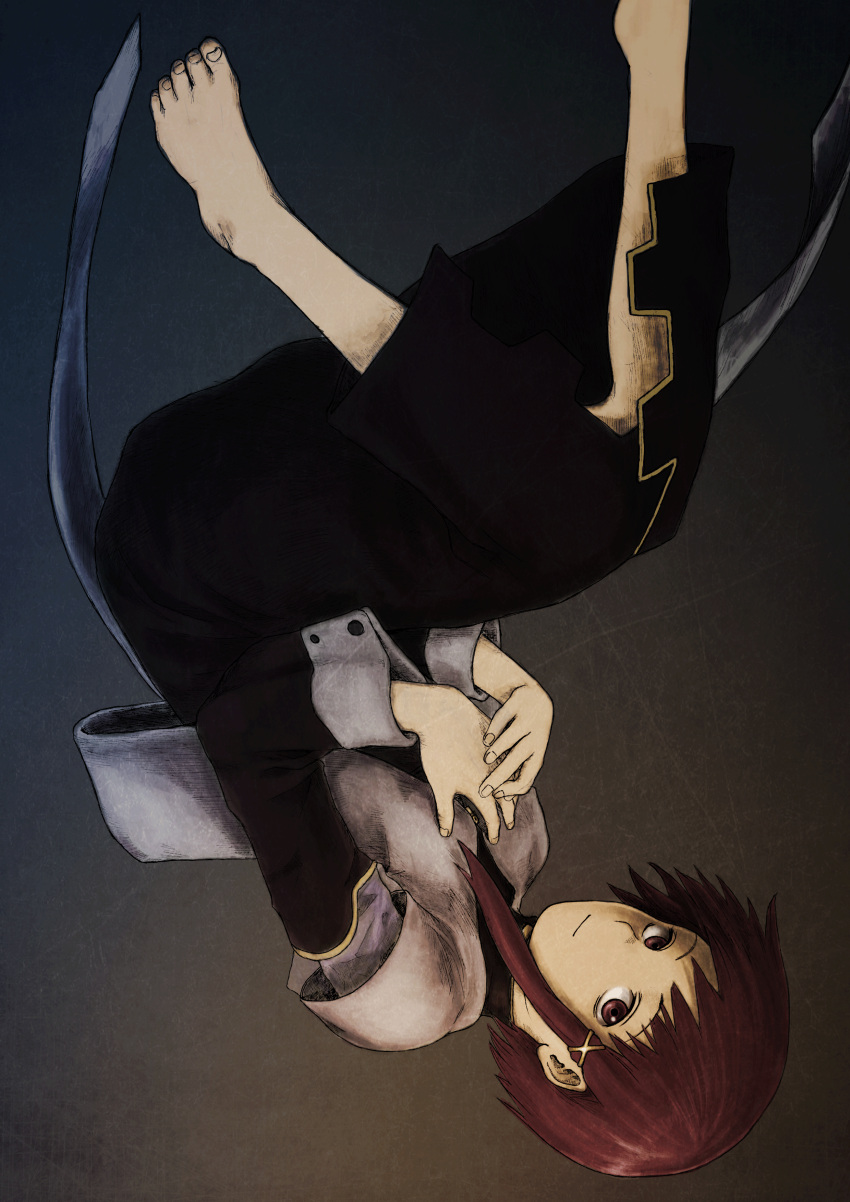 absurdres asymmetrical_hair barefoot black_background black_dress brown_eyes brown_hair commentary dress female hair_ornament hairclip highres iwakura_lain looking_at_viewer serial_experiments_lain short_hair smile solo upside-down x_hair_ornament yasu_(shijimi_8)