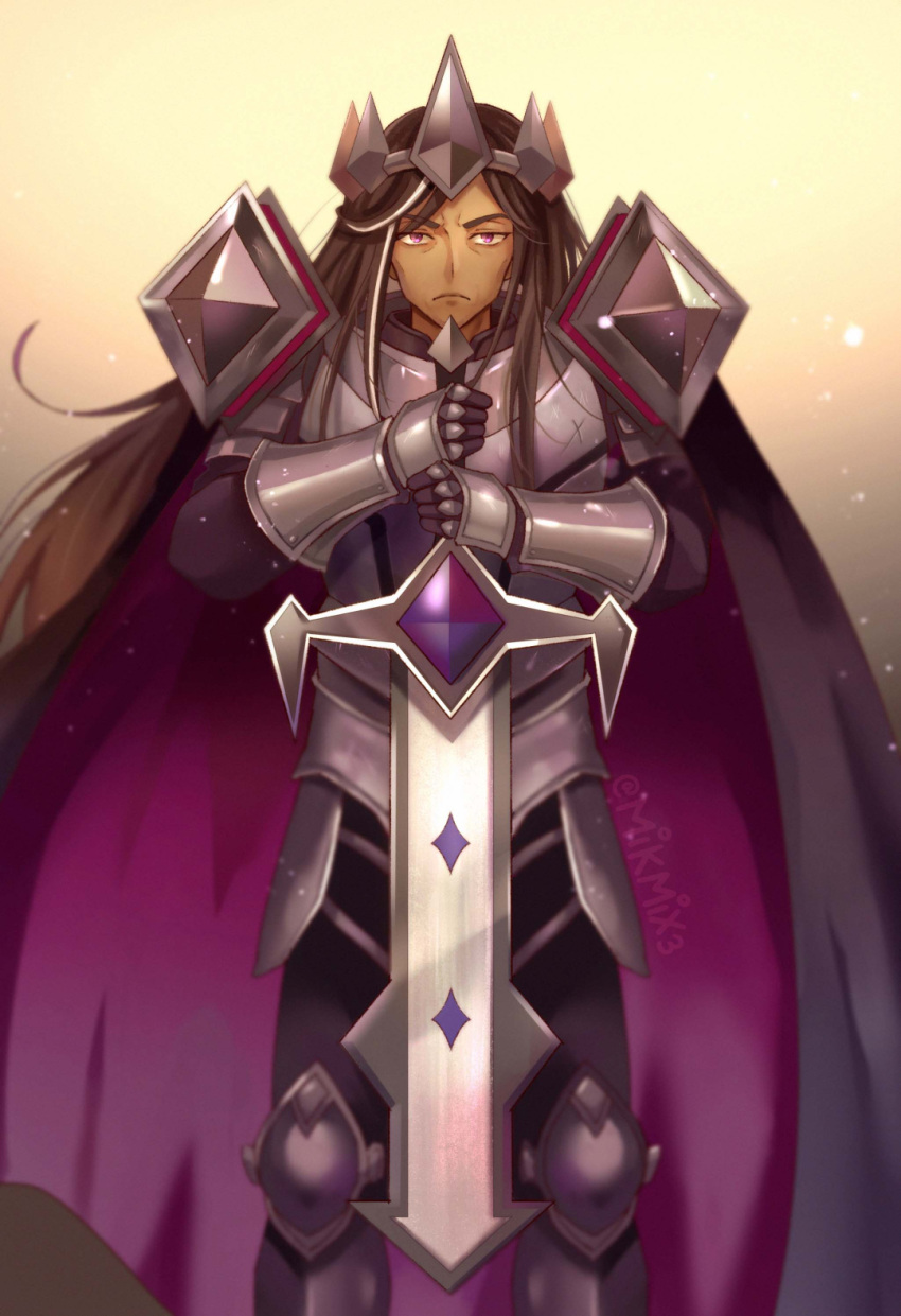 1boy artist_name black_hair closed_mouth collarbone colored_eyelashes cookie_run crown dark-skinned_male dark_cacao_cookie dark_skin hair_between_eyes highres humanization letterboxed long_hair male_focus mature_male mikmix multicolored_hair purple_eyes serious solo sword turtleneck weapon white_hair