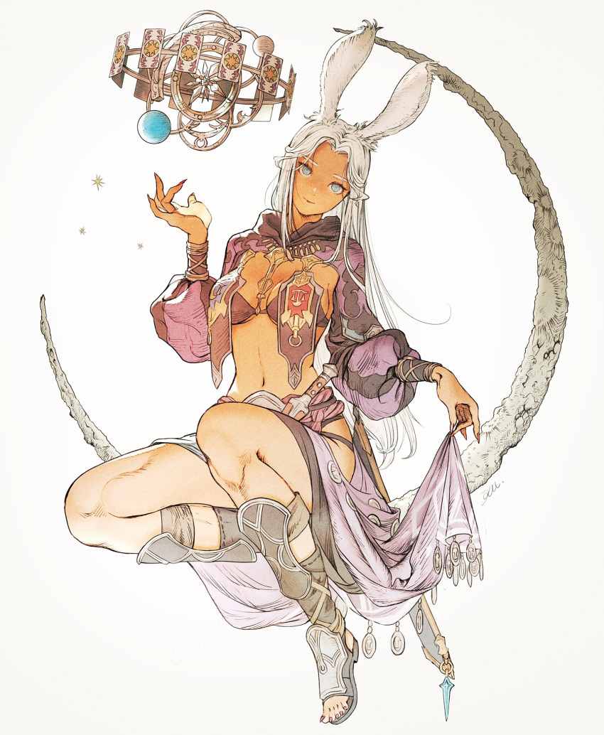 animal_ears astrologian_(final_fantasy) bikini bikini_top_only blue_eyes breasts crescent_moon dark-skinned_female dark_skin female final_fantasy final_fantasy_xiv highres kuroimori long_hair long_sleeves looking_at_viewer medium_breasts moon navel on_crescent rabbit_ears shrug_(clothing) sitting solo swimsuit toeless_footwear viera warrior_of_light_(ff14) white_background white_hair