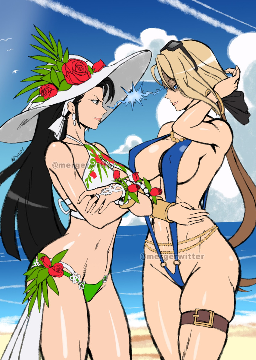 ass bare_shoulders beach bikini blonde_hair blue_eyes bracelet breasts cleavage eyewear_on_head flower hat hat_flower hat_ornament highres jewelry kagura_chizuru large_breasts long_hair looking_at_another mergeritter ponytail pretty_goenitz red_flower rose signature slingshot_swimsuit smile snk sparkle standing sun_hat swimsuit the_king_of_fighters the_king_of_fighters_all-stars watermark