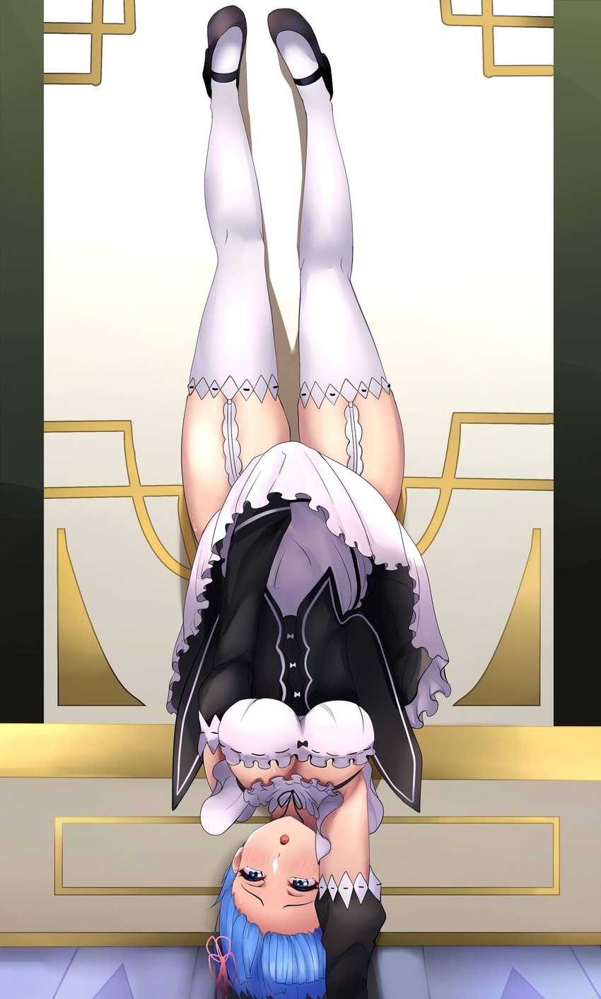 1girls 2020s 2022 blue_eyes blue_hair blush breasts clothed clothed_female commission detached_sleeves dress dress_tug female frilled_dress frilled_sleeves frills handstand hi_res indoors lycoris_challenge maid maid_headdress maid_uniform matching_hair/eyes medium_breasts meme one_arm_handstand open_mouth re:zero_kara_hajimeru_isekai_seikatsu relpama rem_(re:zero) roswaal_mansion_maid_uniform short_hair solo teenage_girl teenager thighhighs upside-down