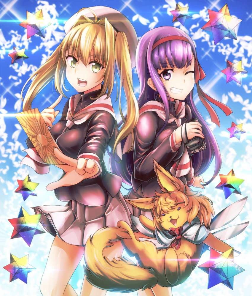 2girls ;) ahoge bb_(fate) bb_(fate/extra) beret between_fingers black_serafuku black_shirt blue_sky camcorder card cardcaptor_sakura cloud clow_card commentary_request cosplay creature daidouji_tomoyo daidouji_tomoyo_(cosplay) day eyebrows fate/grand_order fate_(series) fingernails fou_(fate) fusion grin hair_between_eyes hair_intakes hairband hat highres holding kero_(cardcaptor_sakura) kinomoto_sakura kinomoto_sakura_(cosplay) long_hair long_sleeves multiple_girls neckerchief nero_claudius_(fate) nero_claudius_(fate/extra) one_eye_closed pleated_skirt purple_hair red_hairband red_ribbon ribbon sailor_collar school_uniform serafuku shirt skirt sky sleeve_cuffs smile straight_hair tanashi_(mk2) tange_sakura tomoeda_elementary_school_uniform twintails v-shaped_eyebrows video_camera voice_actor_connection white_hat white_neckerchief white_sailor_collar white_skirt