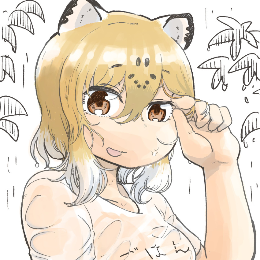 :d alternate_hairstyle animal_ears blonde_hair brown_eyes commentary_request female hand_up hare_(tetterutei) highres jaguar_(kemono_friends) jaguar_ears kemono_friends looking_at_viewer multicolored_hair open_mouth rain shirt short_hair sideways_mouth smile solo upper_body wet wet_clothes wet_hair wet_shirt