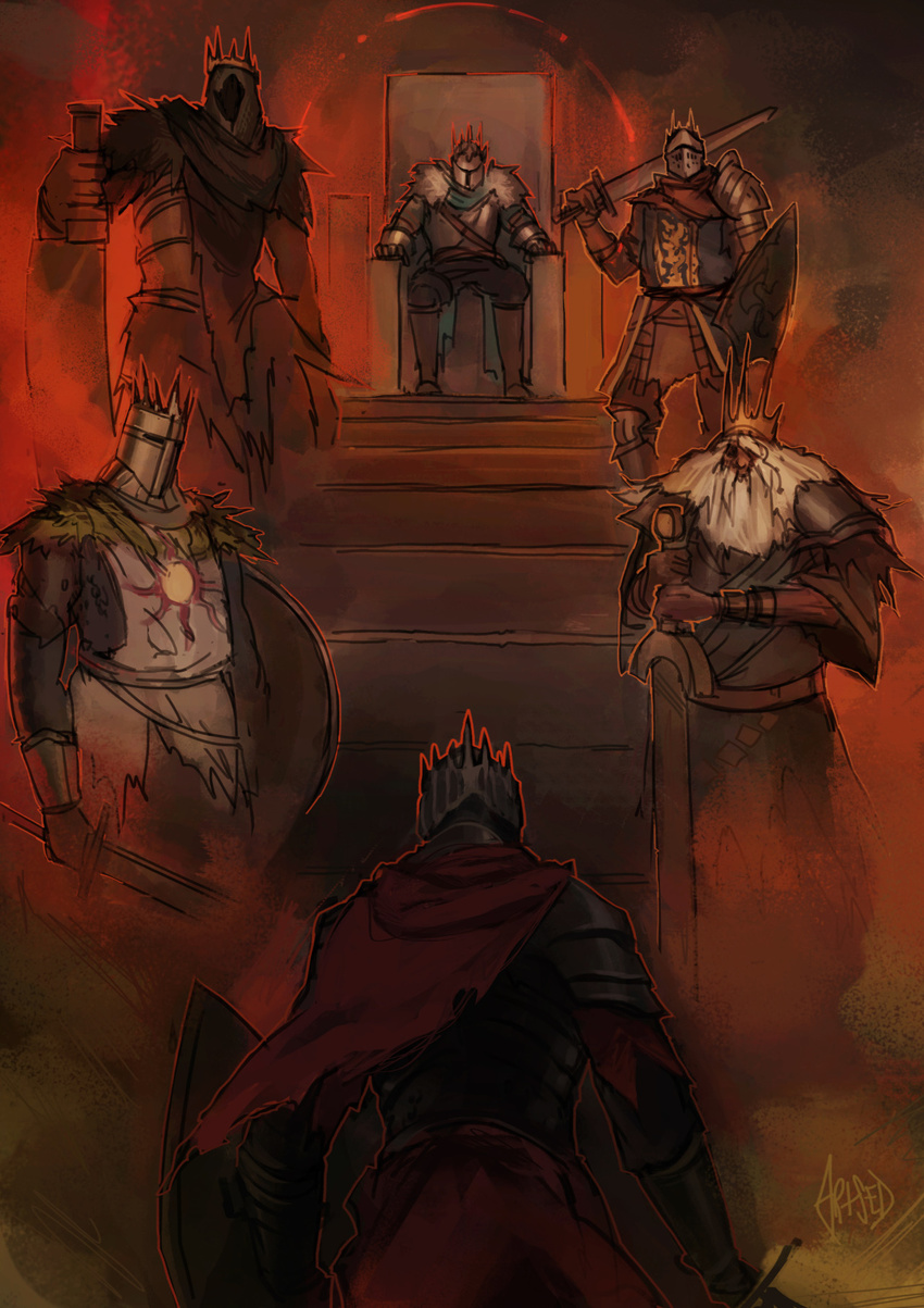 6+boys armor beard belt chain_mail chainmail chosen_undead crown dark_souls dark_souls_ii dark_souls_iii embers facial_hair fire from_software full_armor fur_collar gauntlets giant_lord gwyn_lord_of_cinder helmet knight moustache multiple_boys praise_the_sun shoulder_pads sitting solaire_of_astora solo souls_(from_software) sun_(symbol) sword throne undead_hero_(dark_souls_2) upper_body visor_(armor) weapon