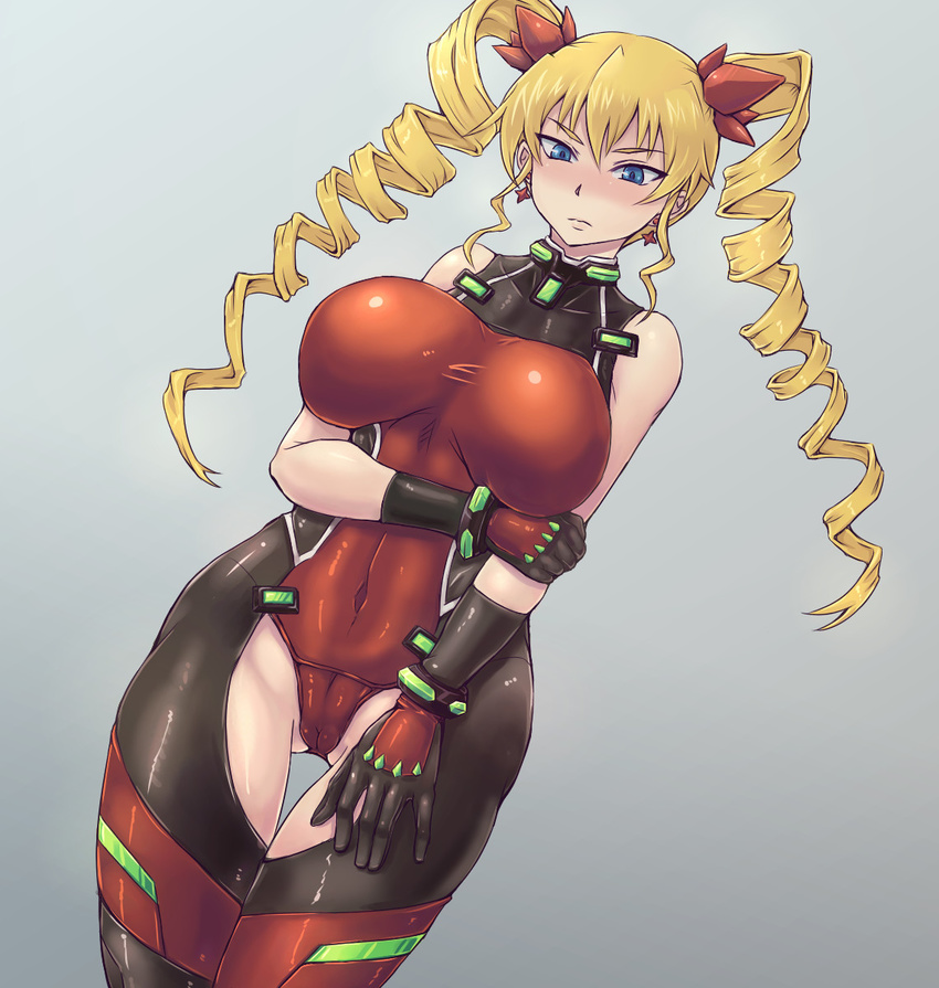 black_gloves blonde_hair blue_eyes blush breasts claire_harvey commentary_request covered_navel drill_hair earrings female gloves grey_background highres hundred_(light_novel) jewelry large_breasts leotard long_hair mahou-ya red_leotard solo twin_drills