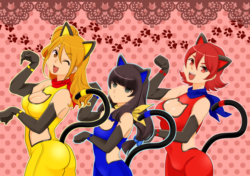 3girls animal_ears ass bad_id bad_pixiv_id black_gloves black_hair blonde_hair blue_eyes blunt_bangs breasts cat_cutout cat_ears cat_tail cleavage cleavage_cutout clothing_cutout commentary_request elbow_gloves expressionless flat_chest gloves hair_between_eyes hime_cut large_breasts long_hair looking_at_viewer matsuno_minoru medium_breasts multiple_girls one_eye_closed open_mouth origami_akara origami_hina origami_koori paw_pose paw_print ponytail red_eyes school_girl_strikers short_hair siblings sisters smile tail yellow_eyes