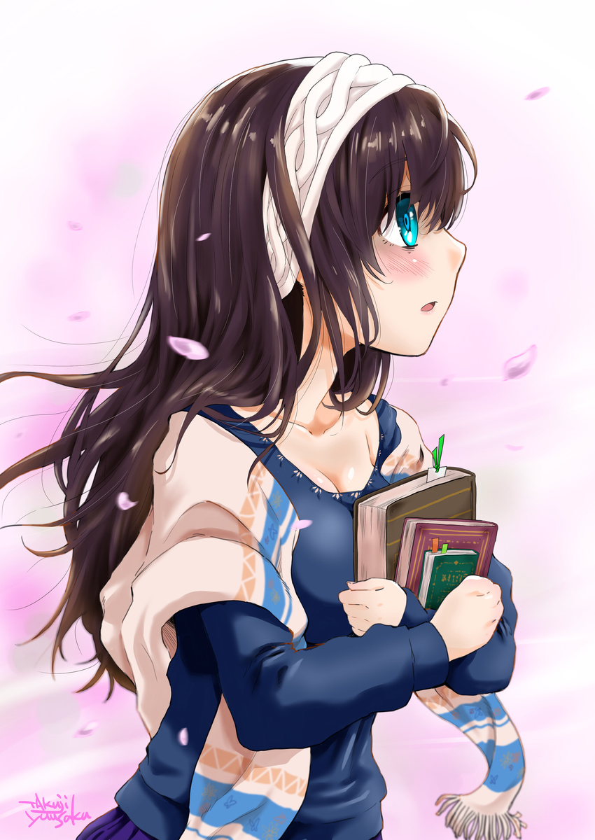 absurdres artist_name black_hair blue_eyes blush book bookmark breasts cherry_blossoms commentary_request female hairband highres idolmaster idolmaster_cinderella_girls long_hair medium_breasts profile sagisawa_fumika shawl signature solo takuji_yuusaku