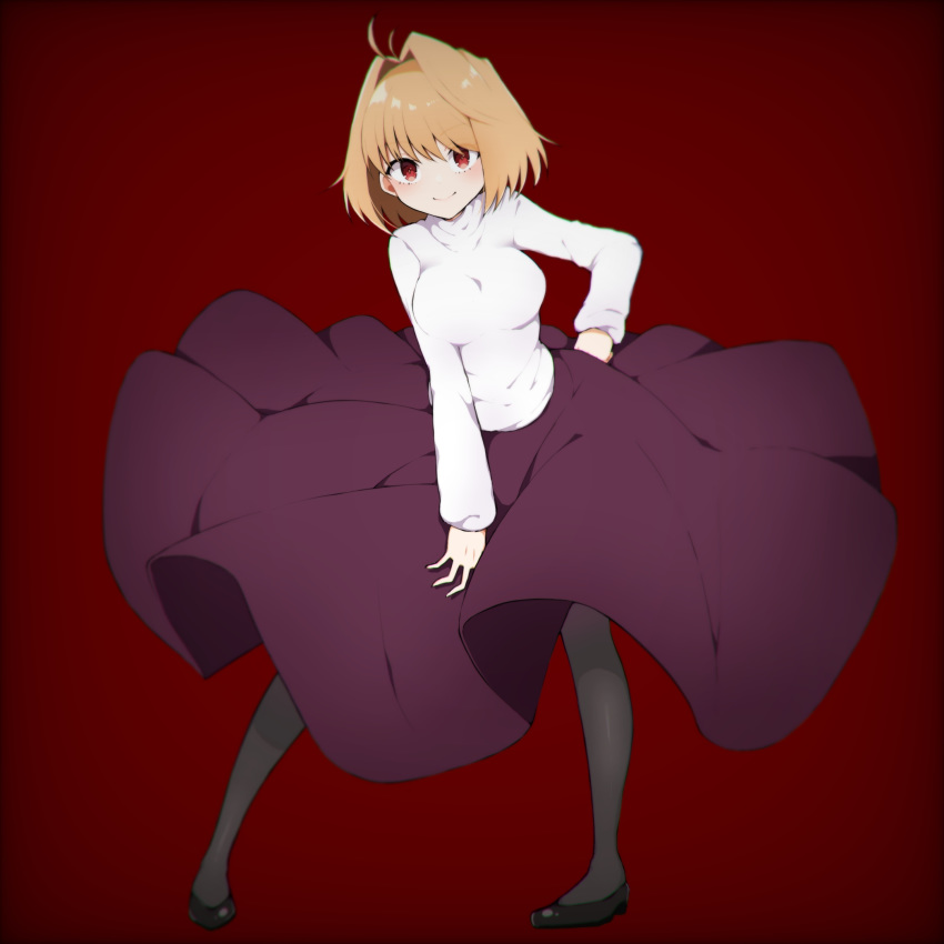 arcueid_brunestud black_footwear black_pantyhose blonde_hair breasts commentary_request female full_body hair_intakes hand_on_own_hip highres large_breasts leaning_forward long_skirt pantyhose purple_skirt red_background red_eyes shoes short_hair skirt solo standing sweater takae_(poupee_en_biscuit) tsukihime white_sweater wind wind_lift