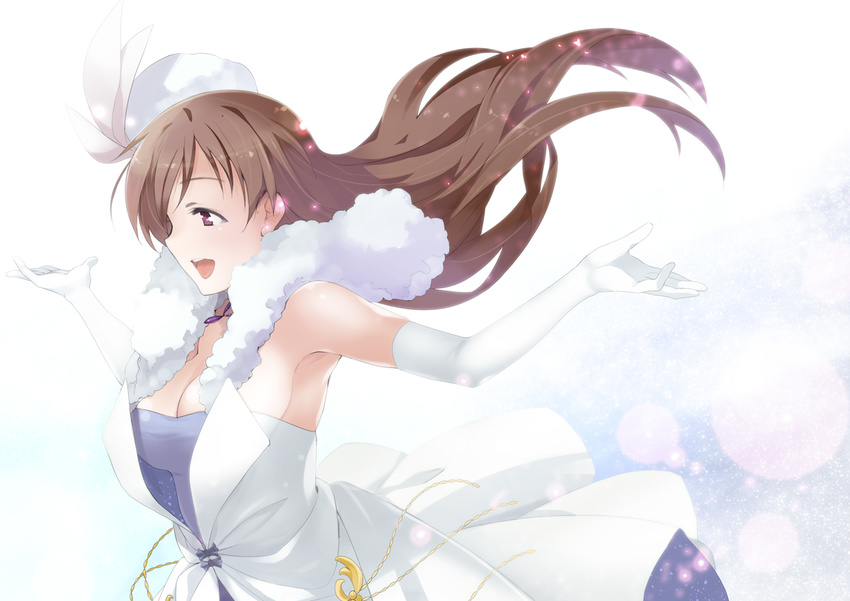 :d bare_shoulders breasts brown_eyes brown_hair cleavage commentary_request dress elbow_gloves female fur_trim gloves hat idolmaster idolmaster_cinderella_girls inue_shinsuke jewelry large_breasts long_hair necklace nitta_minami open_mouth photoshop_(medium) pure_white_memories_(idolmaster) smile solo