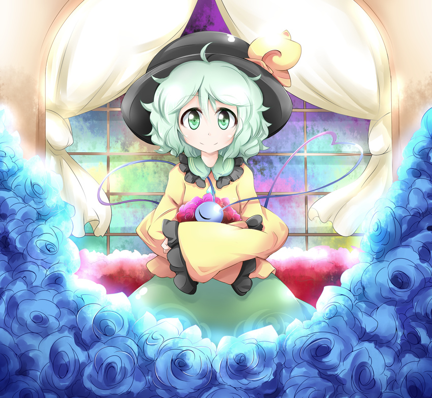 aqua_hair black_hat blouse blue_flower blue_rose commentary_request crossed_arms curtains female flower frilled_shirt_collar frilled_sleeves frills green_eyes green_skirt hat hat_ribbon heart heart-shaped_pupils hugging_object kikurage_(sugi222) komeiji_koishi looking_at_viewer red_flower red_rose ribbon rose shirt short_hair skirt sleeves_past_fingers sleeves_past_wrists smile solo split_mouth symbol-shaped_pupils third_eye touhou wide_sleeves window yellow_ribbon yellow_shirt