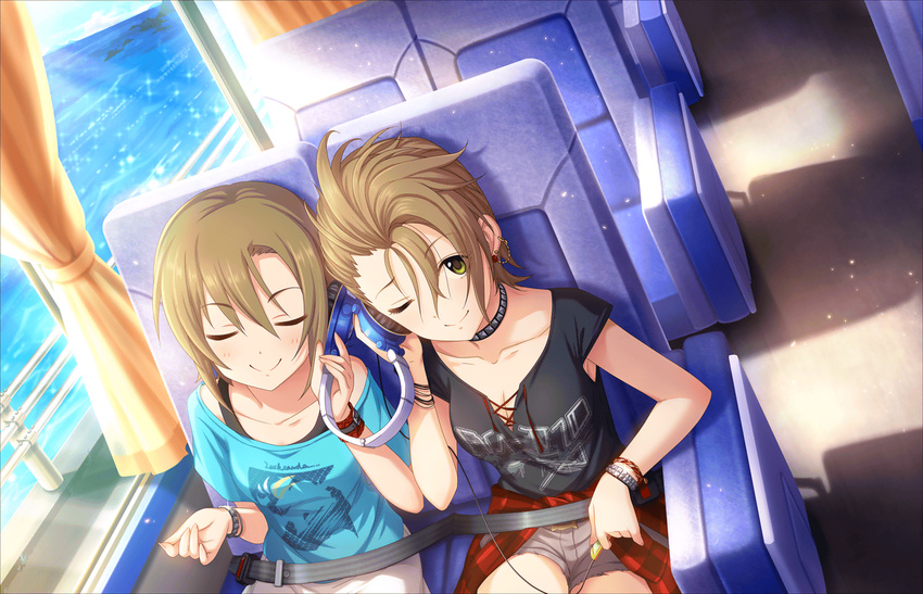 2girls ;) artist_request blush bracelet brown_hair choker closed_eyes collarbone curtains green_eyes headphones idolmaster idolmaster_cinderella_girls idolmaster_cinderella_girls_starlight_stage jewelry kimura_natsuki listening_to_music looking_at_viewer multiple_girls official_art one_eye_closed seatbelt shared_headphones short_hair shorts sitting smile tada_riina train_interior vehicle_interior