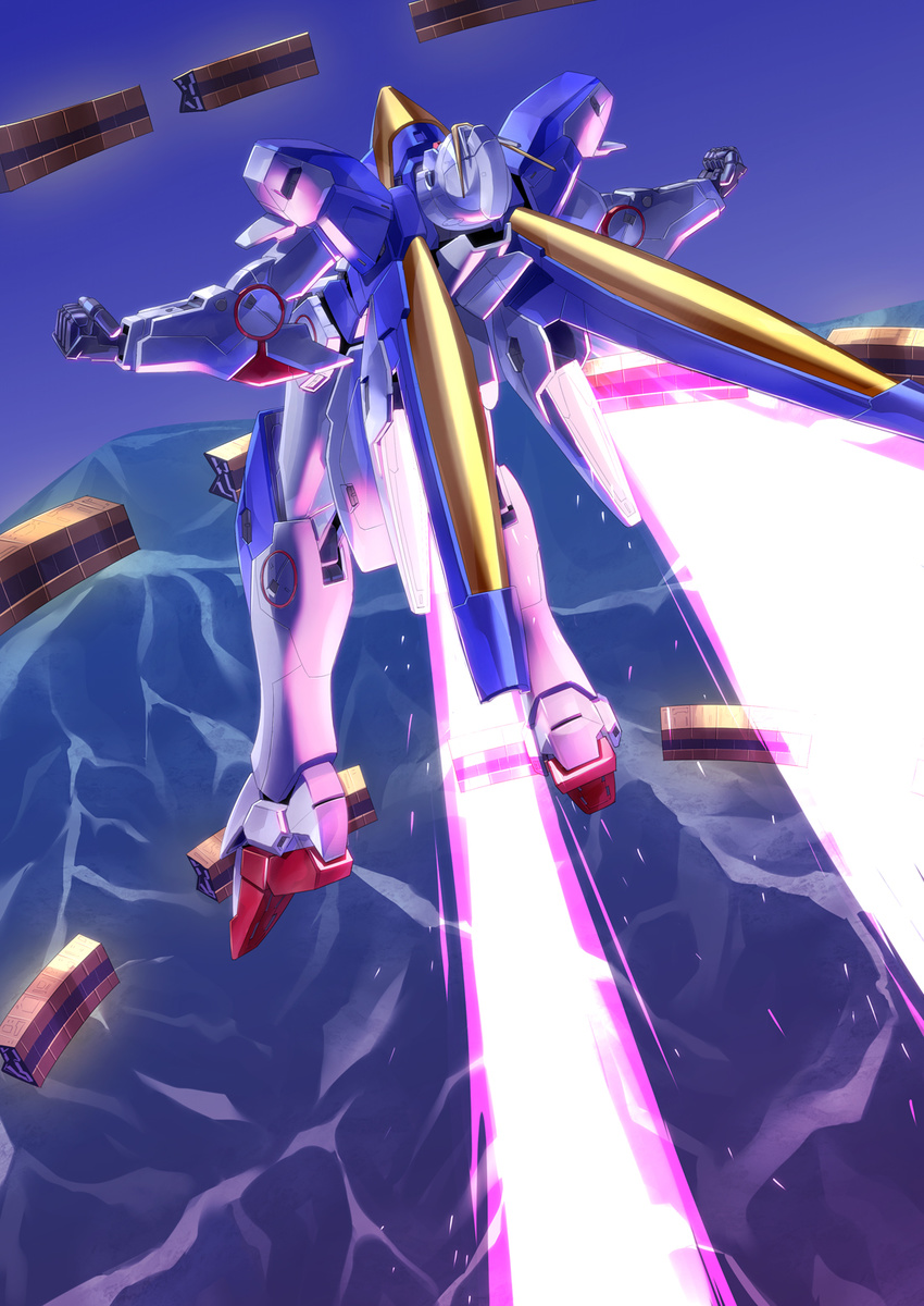 bad_id bad_pixiv_id clenched_hands energy_wings flying from_behind fujimo_ruru gundam highres mecha no_humans robot standing v2_gundam victory_gundam