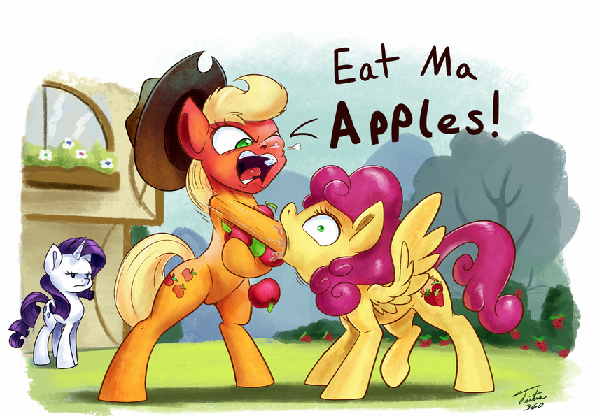 2017 angry apple applejack_(mlp) blonde_hair blue_eyes clothing cowboy_hat cutie_mark dialogue earth_pony english_text equid equine feathered_wings feathers female feral fisting food force_feeding forced friendship_is_magic fruit green_eyes group hair hasbro hat headgear headwear horn horse mammal my_little_pony mythological_creature mythological_equine mythology open_mouth oral_fisting pegasus penetration pink_hair plant pony purple_hair rarity_(mlp) reaction_image strawberry_sunrise_(mlp) text tsitra360 unicorn unusual_fisting wide_eyed wings ಠ_ಠ