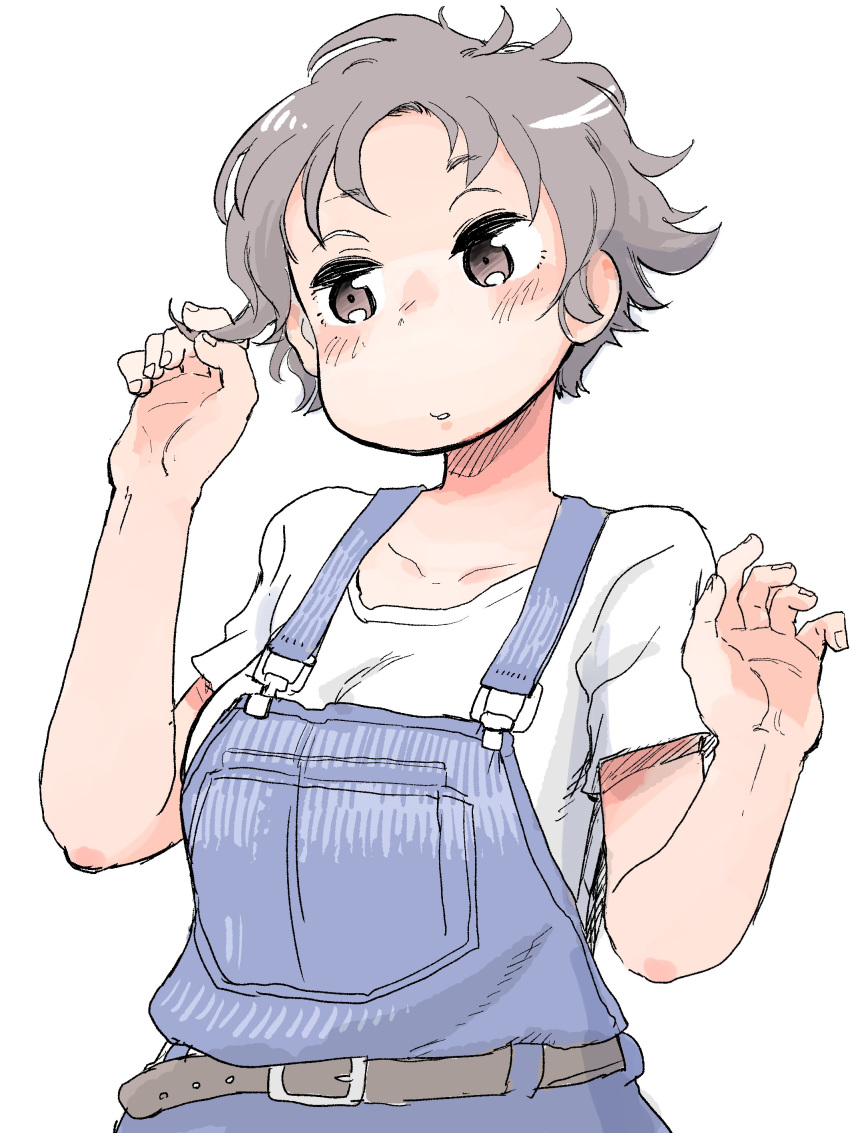 absurdres belt blush breasts brown_eyes commentary_request female fingernails grey_hair hands_up hare_(tetterutei) highres large_breasts original overalls parted_lips shirt short_hair short_sleeves simple_background solo upper_body white_background white_shirt