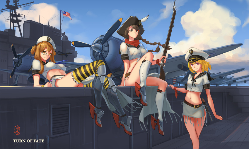 3girls american_flag bayonet beret blonde_hair braid brown_eyes brown_hair candy carrier cloud commentary convenient_censoring crop_top crossed_legs day double_bun english_commentary enterprise_(pacific) food glasses gun hair_bun hat high_heels highres holding holding_weapon hornet_(pacific) legs lollipop looking_at_viewer military military_vehicle multiple_girls no_panties orange_eyes pacific_(kancolle) peaked_cap photoshop_(medium) red_eyes ribbon rifle rudder_footwear sbd_dauntless ship short_hair signature sima_naoteng sitting sky striped_clothes striped_thighhighs thighhighs tricorne warship watercraft weapon wrist_ribbon yorktown_(pacific)