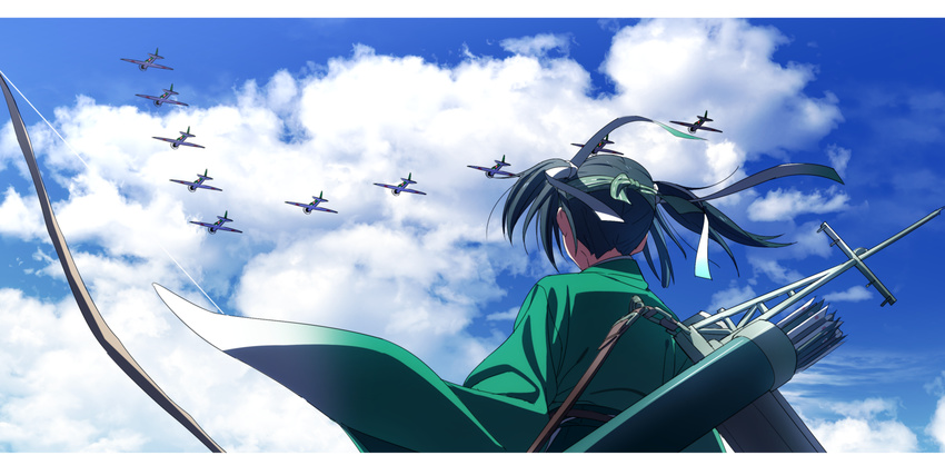 aircraft airplane arrow_(projectile) bad_id bad_nicoseiga_id black_hair blue_sky bow_(weapon) cloud day female from_behind hair_ribbon highres holding holding_weapon japanese_clothes kantai_collection kinosuke_(sositeimanoga) long_hair quiver ribbon short_hair sky solo souryuu_(kancolle) souryuu_kai_ni_(kancolle) twintails weapon wind