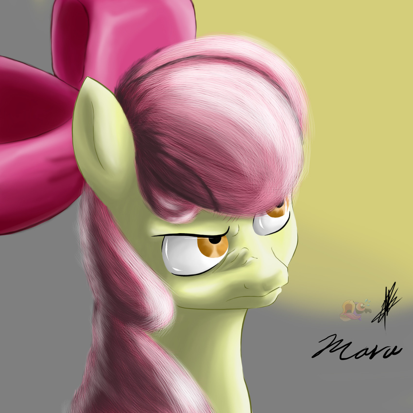 1:1 absurd_res accessory amber_eyes angry apple_bloom_(mlp) bow_(feature) bow_accessory bow_ribbon earth_pony equid equine female feral friendship_is_magic hair hair_accessory hair_ribbon hairbow hasbro hi_res horse mammal mishiranui-san multicolored_hair my_little_pony pony red_hair ribbons solo young